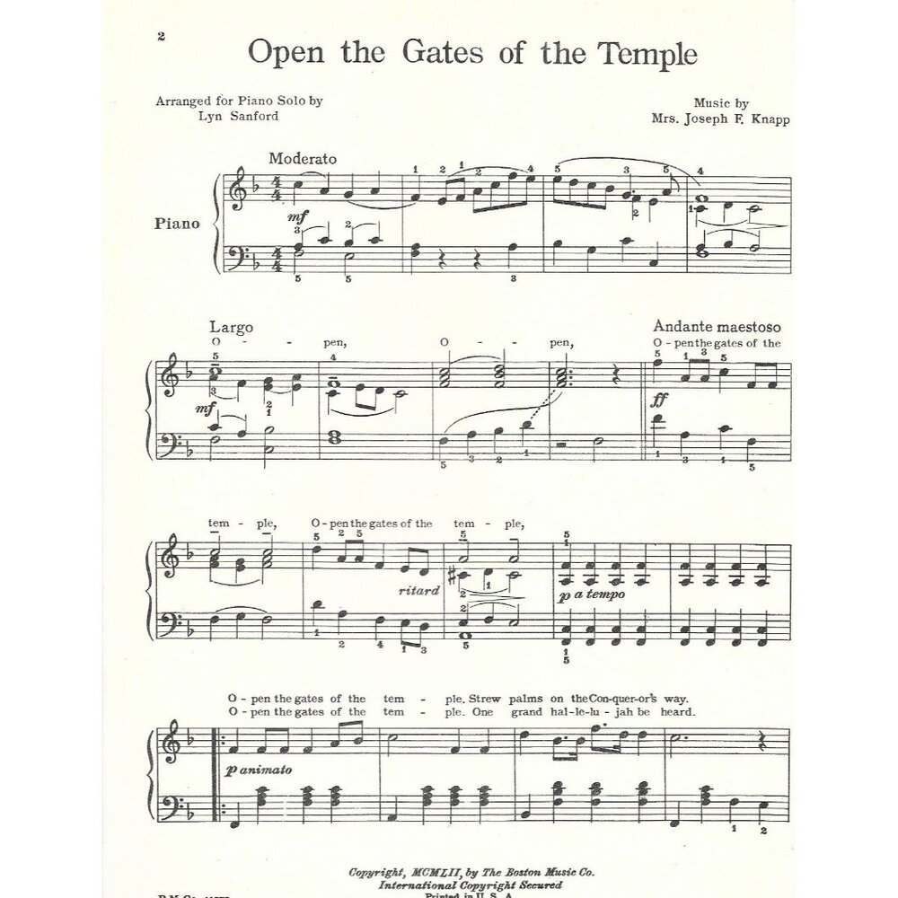 Open the Gates of the Temple 1952 Boston Music Sacred Piano Solo - Picture 3 of 3